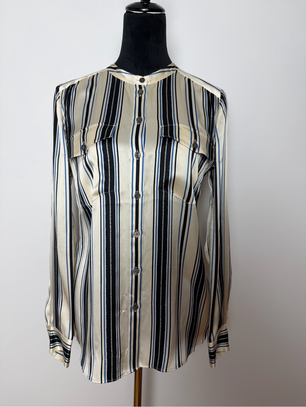 Veronica Beard Ivory Blouse with Black & Blue Stripes 100%Silk Size 4